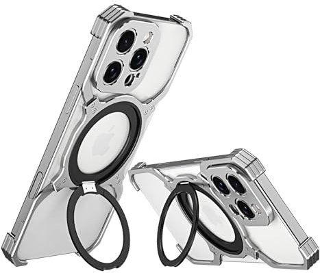 baremetalcases Metal Frameless Aluminuim Phone Case for iPhone 13 Pro Minimalist Design with Magnetic Rotating Holder and Camera Protector (Silver)
