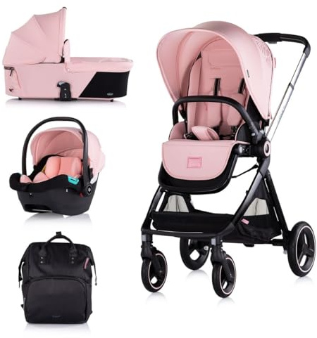 Chipolino Kinderwagen Elite 3 in 1 i-Size Babyschale Sportsitz Babywanne Tasche pink