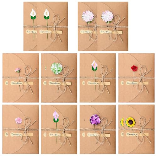 Marjoramy 20 Stück Retro Kraftpapier Karte mit Getrocknete Blumen, Retrò Umschlag Kraftpapier, Grußkarten mit Kraftumschlag, Glückwunschkarten, Grusskarten, Blumen Grußkarten Dankskarten, 17.5 x 11cm