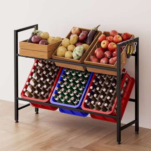 devesanter Getränkekistenregal 6 kisten,Trag. 150KG, Metall Getränkeregal mit 4 Metallhalterungen 4 Haken Kistenregal für Bier, Obst, Gemüse Für Wohnzimmer, Küche & Keller Schwarz