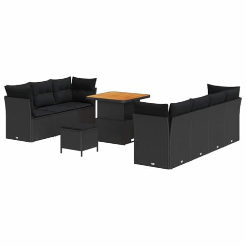 vidaXL 10-teiliges Gartensofa-Set mit Kissen in Schwarz, aus Poly Rattan und Akazie. Wasserdicht, modular, wetterfest und leicht zu reinigen. Perfekt für Deine Outdoor-Lounge oder Terrasse!