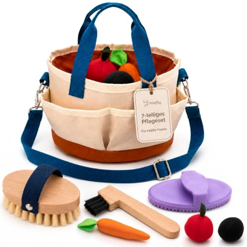Hoofly Hobby Horse Accessori – Set per la cura dei bambini con borsa, spazzola, barretta e raschietto per zoccoli [testato TÜV], strumento per la pulizia del cavallo e cavallo in legno, regalo