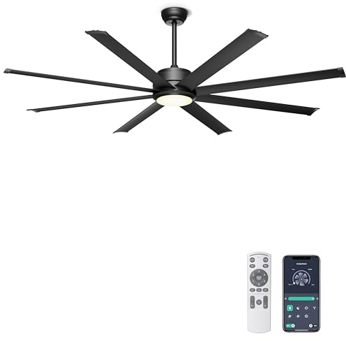 Ohniyou 182 cm Deckenventilator mit Beleuchtung,Fernbedienung/APP-Steuerung | Dimmbar, Leiser DC-Motor, 8 Aluminium-Flügel, Große Industrielle Deckenventilatoren für Wohnzimmer Outdoor Terrasse, Schwarz