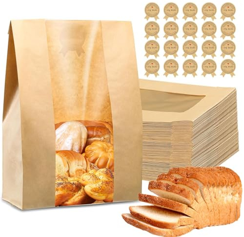 50PCS Paper Bread Bags with Window,35x21x9cm Kraft Bag with Stickers | Visible Seal Design Kraft Paper Bakery Bag for Food Homemade Sourdough Bread Bakery Sandwichbags Cookies Snacks