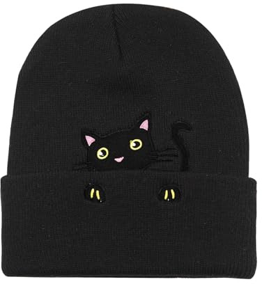 Nymora Strickmütze mit Katzenmotiv, Niedliche Beanie für Kinder und Mädchen, Handgefertigte Winter Mütze, Anime Mütze, Unisex Bestickte Winter Accessoires