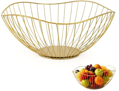 Gold Wire Fruit Basket Bowl, Iron Arts Storage Baskets for Kitchen Counter | Home decor table centerpiece, holds vegetables/bread/snacks/potpourris, vintage iron wire design, sturdy durable