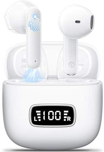 Ecouteurs Bluetooth sans Fil, Godyse Écouteurs sans Fil 5.4 avec 4 ENC Réduction Antibruit Mic Écran LED 42H Durée HiFi Stéréo IPX6 Étanche Casque Contrôle Tactile pour iOS Android Blanc,Sport/Travail