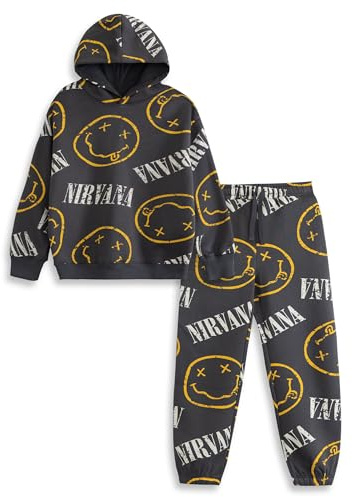Nirvana Unisex Kinder Sweatshirt und Jogginghosen-Set in Dunkelgrau und Gelb | Langärmliger Rundhalsausschnitt mit Cartoon-Logo | Streetwear-Loungewear für aktives Spielen