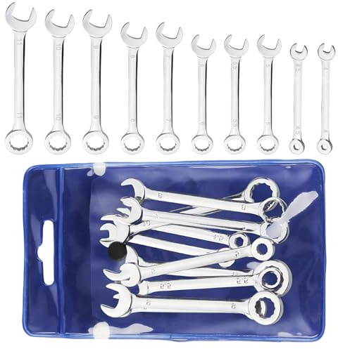 Small Spanner Set 4-11mm, 10Pcs Ratchet Spanner Set, Metric Mini Combination Ratchet Wrench Kit with Storage Pouch, Dual-End Open & Box Spanners for Tight Spaces, Ignition, Bike Furniture Assembly