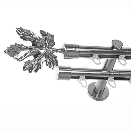 BASIT Gardinenstange Innenlauf Edelstahllook 20mm 2-läufig Wand 160cm H40 | Gardinenstangenset doppelläufig Wandmontage Metall Vorhangstange Wandhalterung 120-600cm wählbar Kappe Blatt E35