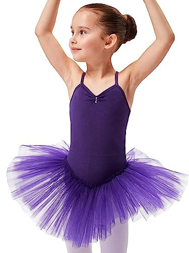 tanzmuster Ballettkleid Mädchen Tutu - Kim - weicher Baumwollstoff - Glitzersteine - Ballett Trikot mit Tüllrock für Kinder - lila, 104/110