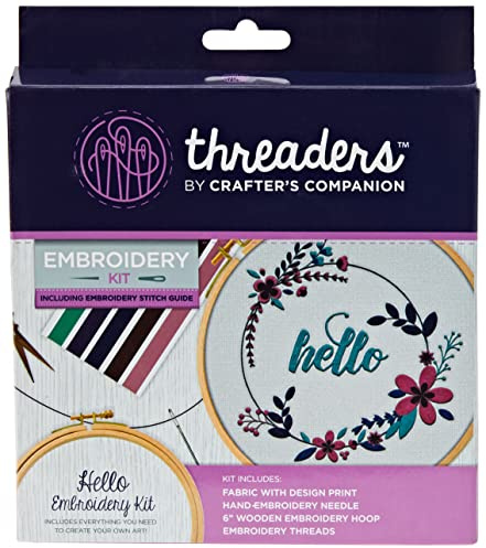 Threaders Embroidery Kit - Hello, Cotton, Multicoloured, 18.5 x 16 x 2 cm
