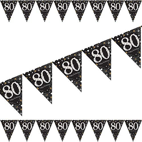 Carpeta: 4m Wimpelkette * Zahl 80 * in Gold-Silber-Schwarz | Glitzer Deko zum 80. Geburtstag oder Jubiläum | Sparkling Dekoration