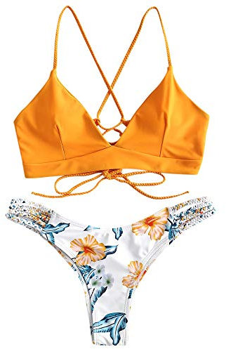 ZAFUL zweiteilig Bikini-Set mit Flechtgurt verstellbarem BH Push-Up Rücken, Triangle Bustle Badehose mit Blummenmuster (Gelb, L)