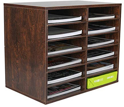 PAG 12 Compartments Office Countertop Letter File Tray, Wooden A4 Paper Storage Organiser Desk Trays Stackable for Office Home School,Brown