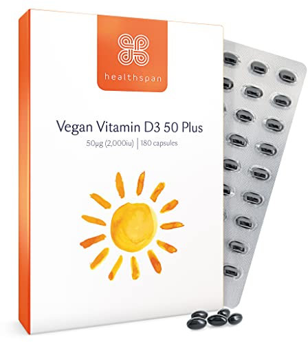 Healthspan Vegan Vitamin D3 50 Plus | 180 Capsules | 50 Micrograms of Vitamin D | Healthy Muscle, Bones & Teeth | Immune Support