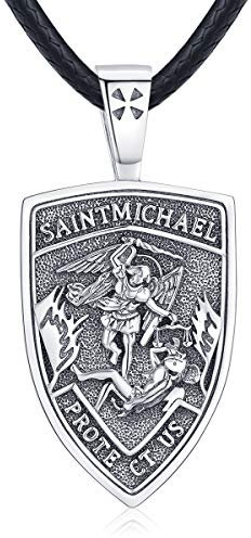 Eusense St Michael Halskette für Herren Damen, 925 Sterling Silber Schutzanhänger mit Erzengel, Engel Schutzheiligen Amulett, Schmuck Geschenk für Jungen Mädchen mit Lederseil 61 cm