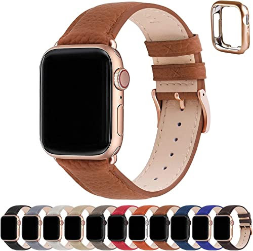 Fullmosa Compatible with Apple Watch Straps 41mm 40mm 38mm, Genuine Leather iWatch Replacement Bands with Case for Series 9/8/7/6/5/4/3/2/1/SE/SE2 for Women Men, Caramel Brown+Rose Gold Buckle