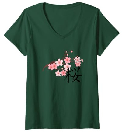 Femme SAKURA 桜 Fleur de cerisier japonais Kanji fleur japonaise T-Shirt avec Col en V