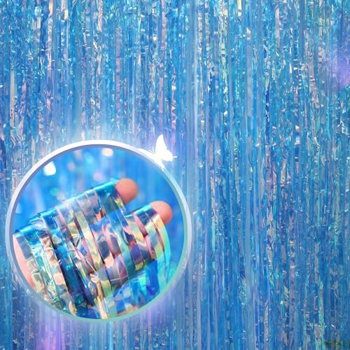 Aurorava Fransenvorhang für Weihnachten, Geburtstag, Hochzeiten, Innen- und Außenveranstaltungen, hochglänzend und funkelnd Lametta-Folienvorhang für alle Jahreszeiten, Blau