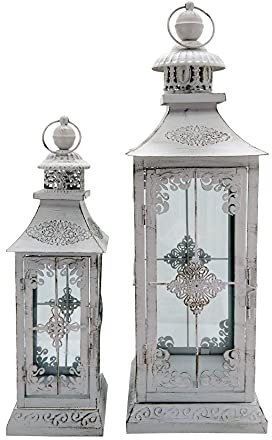 Rebecca Mobili Set Lanterne Shabby, 2 Porta Candele Fiori Decorative Bianche, Metallo Pvc, Per Feste Matrimoni - Misure: 55 x 17,5 x 17,5 cm (HxLxP) - Art. RE6655