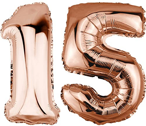 DekoRex Folienballon Rosegold 40cm Geburtstag Jubiläum Hochzeit Deko (Zahl 15)