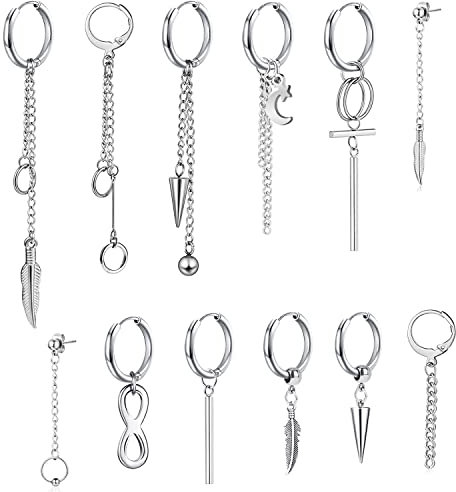 Thokono 12Stücke Hoop Dangle Ohrringe Edelstahl Baumeln Klappbare Creolen Langkettiger Anhänger Kpop Ohrring Creolen Hängende Ohrringe mit kette Gothic Kreuz Kpop Lange Kette