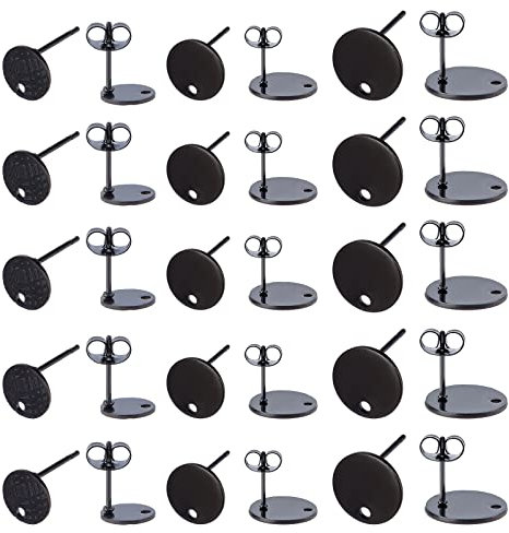 UNICRAFTALE 24 Stück Elektrophorese Schwarz Flach Rund Mit Strukturierten Ohrsteckern 304 Edelstahl-Ohrstecker Mit Ohrmuttern & Schleife 1.5/1.6 mm Kleine Ohrringkomponenten Für DIY-Schmuck