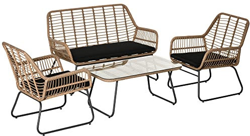 Outsunny Set Mobili da Giardino in Rattan PE da 4 Pezzi, Salotto da Esterno Stile Boho con 2 Poltrone, Divanetto e Tavolino con Ripiano