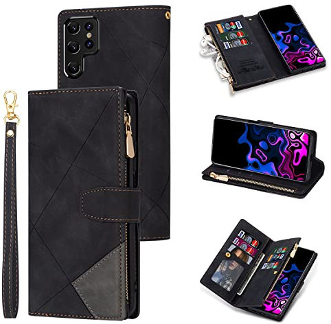 UEEBAI Hülle für Samsung Galaxy S22 Ultra 5G, Retro Reißverschluss Handyhülle PU Leder Handytasche Bumper mit 9 Kartenfächer Standfunktion Geldbörse Trageband Schutzhülle Flip Wallet Case - Schwarz#