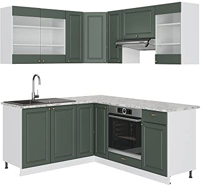 Vicco Eckküche Fame-Line, Grün-Gold Landhaus/Weiß/Weiß, 160 x 190 cm ohne Arbeitsplatte