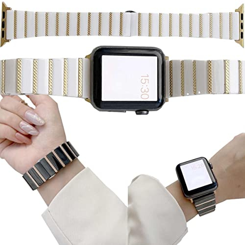 Wigento Für Apple Watch Series 9 8 7 41/6 SE 5 4 40/3 2 1 38mm Deluxe Keramik/Stahl Ersatz Armband Weiß/Gold Smart Uhr