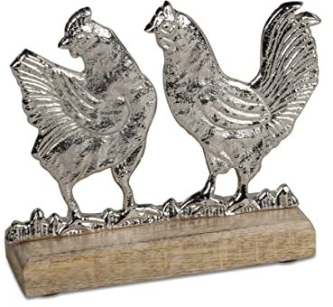 formano Hühnerpaar Metall auf Holzsockel | Huhn Hahn | Frühling Ostern Dekoobjekt | 13x14 cm