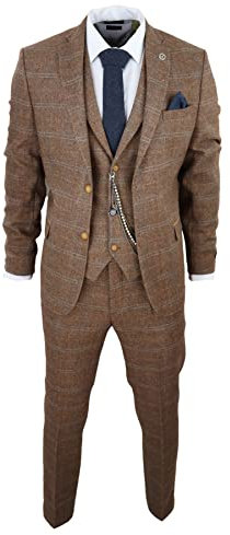 Men's 3 Piece Suit Wool Tweed Herringbone Tan Brown Blue Check 1920s Gatsby Formal Dress Suits - Oak 50