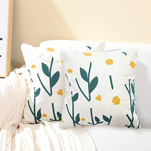 Sioloc Pack of 2 Summer Floral Embroidered Decorative Throw Pillow Covers Daisy Flower Decorative Throw Pillow Covers Jacquard Pillowcase Soft Square Cushion Cozy Pillowcase for Couch Bedroom 18x 18