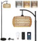 Rayofly Arc Floor Lamp for Living Room, Dimmable Floor Lamps with Remote Control, Boho Standing Lamp with Rattan & Linen Double Shades, Black Reading Tall Lamp for Bedroom Office, 9W LED Bulb Included