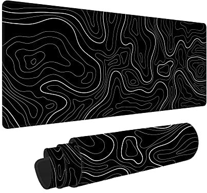 Large Mouse Pad Gaming with Stitched Edges,Topographic Map Gaming Mousepad, Extended XL Desk Mat with Anti-Slip Base, Cool Minimalist Desk Pad for Keyboard and Mouse, 31.5 x 11.8 in, Black