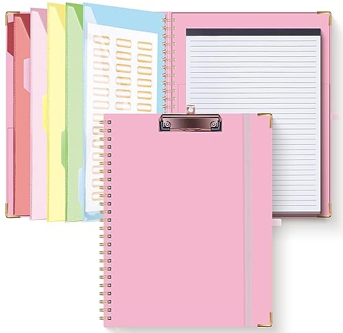 HAUTOCO Klemmbrett A4 Ordner Mit Nachfüllbarem Linierten Notizblock, 5 Ordnern, 10 Taschen, Klemmbrett A4 mit Deckel, Spiral Clip Board für Schule, Büro, Rosa