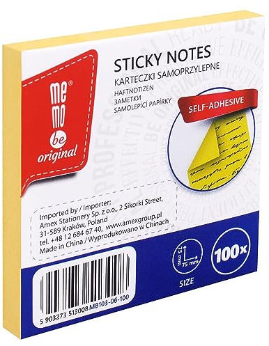 MEMOBE Haftnotizen Klebezettel – Sticky Notes – Haftnotizen Set – Selbstklebende Notizzettel – Postit Haftnotizen – Reusable Sticky Notes – Pastel Sticky Notes – 75x75mm 100 Karten - Gelb