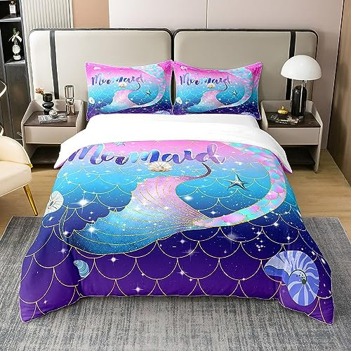Meerjungfrau Schwanz 100% Natürliche Baumwolle Bettbezug 155x220,Meeresfisch Bettwäsche Set,Küstentier Tröster Bezug,Coral Sealife Ombre Bett Sets mit 1 Kissenbezug Heim Raum Dekor Leichte Weiche
