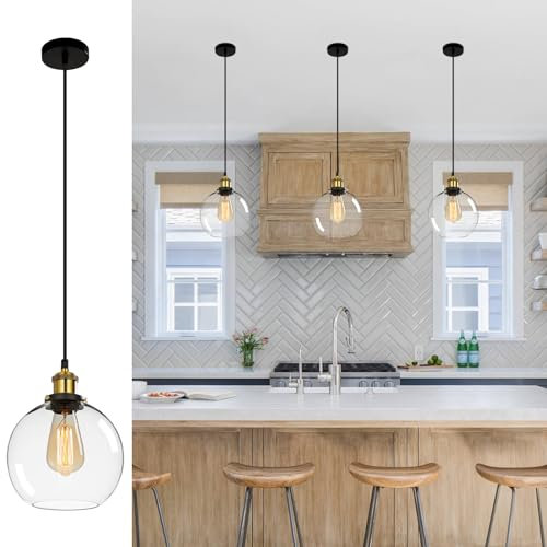 FORCOSO 3PCS Vintage Glass Pendant Light, Industrial Ceiling Pendant Lights with Clear Glass Globe Shade, Adjustable Pendant Lighting for Kitchen Island Dining Table Hallway Entryway(ø20CM)
