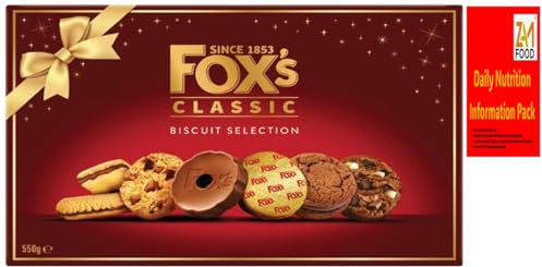 Foxs Fabulously Biscuit Selection Assortment Luxury Box 550g |9 Varieties Milk, Dark Choc Chunkie Cookies, Orange Sundae, Rounds, Viennese Fingers, Butter, Christmas gift with zamfoods nutrition pack