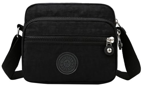 Sacs à Bandoulière pour Femmes Multi-Poches Casual Sac Messenger en Nylon Porté Epaule Sacoche Imperméable Nylon pour Voyage École Sports Achats Crossbody Bag (Noir)