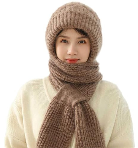 Kashyke Kapuzenschal Damen Winter Schal mit Kapuze Schalmütze Mützenschal Kaputzenschal Frauen Winddichte Pullovermütze Winter Warm Strick Mütze mit Schal Mütze Wintermütze 2 In 1 (Khaki)
