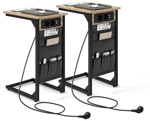 COSTWAY Table d'Appoint en Forme de C avec 2 Prises et 2 Ports USB | Bout de Canapé avec Pochette, pour Petit Espace, Chambre, Table de Chevet 40 x 30 x 60 cm