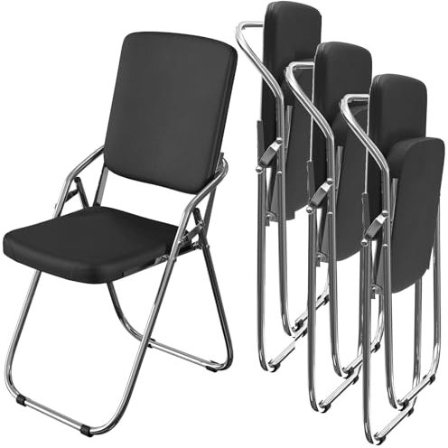 4er Set Klappstuhl Metall - Faltstuhl mit Soft-Skin Gepolstert und Lehne - Schwarz Klappsessel mit Armlehnen, Klappstuhl Balkon Camping Klappstühle Folding Chair Beistellstuhl Stuhl, 100kg Belastbar