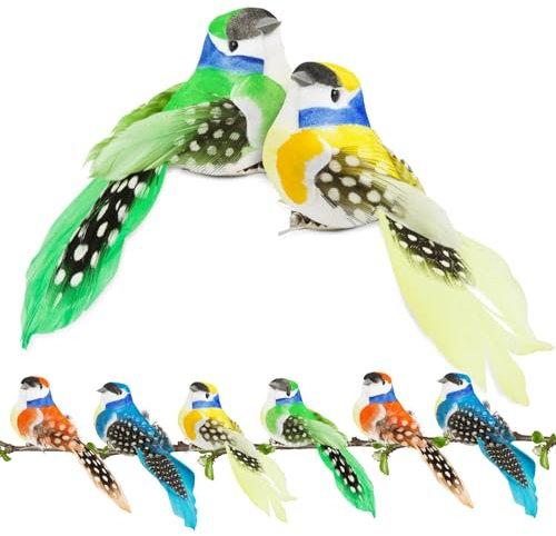 BETESSIN 8Pcs Vogel Deko Figuren Künstliche Vögel Deko mit Clip Bunt Vogelfigur mit Halterungsklammer Mini Vogel Dekofigur 8cm für Garten Frühling Deko Party Dekoration