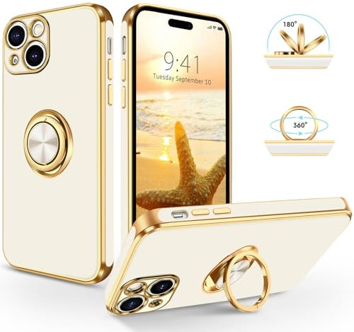 SouliGo iPhone 15 Hülle, iPhone 15 Handyhülle Slim weiche TPU Silikon Case Cover mit 360 Grad Ring Halter Ständer stabil Kratzfest Hülle für iPhone 15 6.1'' Weiß Gold