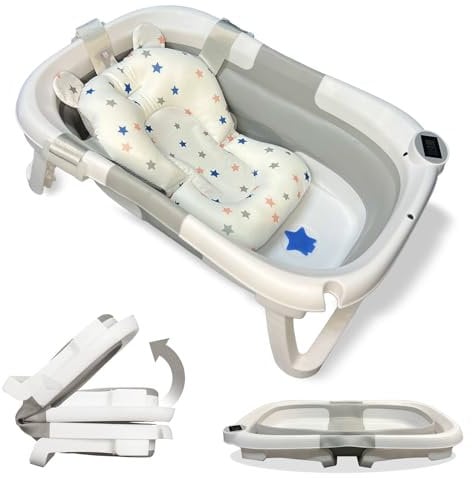 BAÑERA PLEGABLE BEBÉ 5 EN 1 con Termómetro + Cojín Protector + Patas Antideslizantes + Tapón de Seguridad | Apta para Bebé Recién Nacido | Diseño Plegable en 2 | Fácil de Guardar y Transportar (Gris)