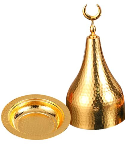 PRETYZOOM Eid Mubarak Cake Stand with Dome Lid Ramadan Food Serving Tray Cupcake Server Cheese Platter Holder Metal Dessert Plate for Eid Mubarak Party Supplies Golden